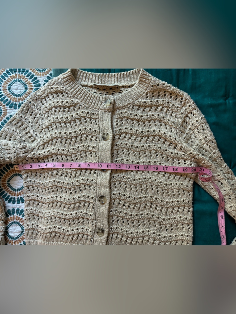 LOFT Beige and Gold thread Open-Knit Button Front Cardigan - Picture 4 of 8